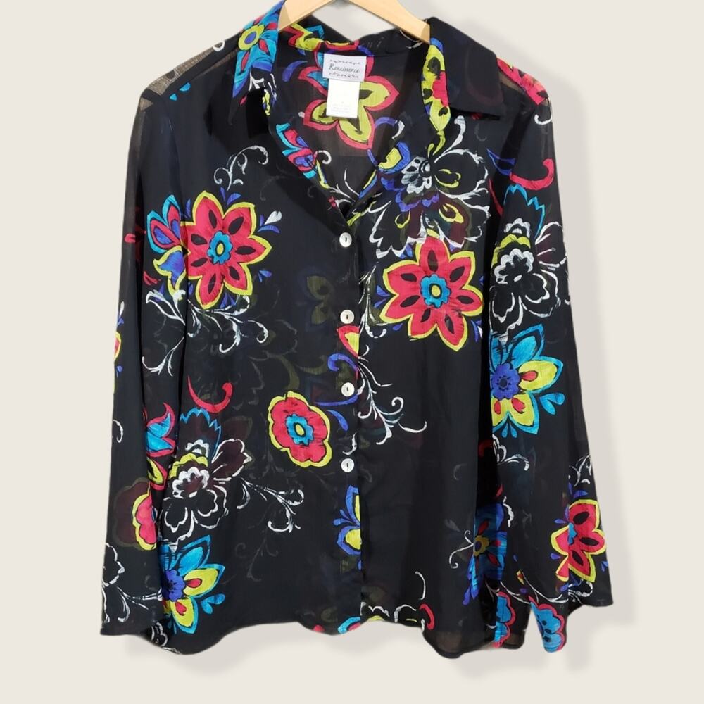 Renaissance semi sheer colorful large floral print button up blouse woman's sz L